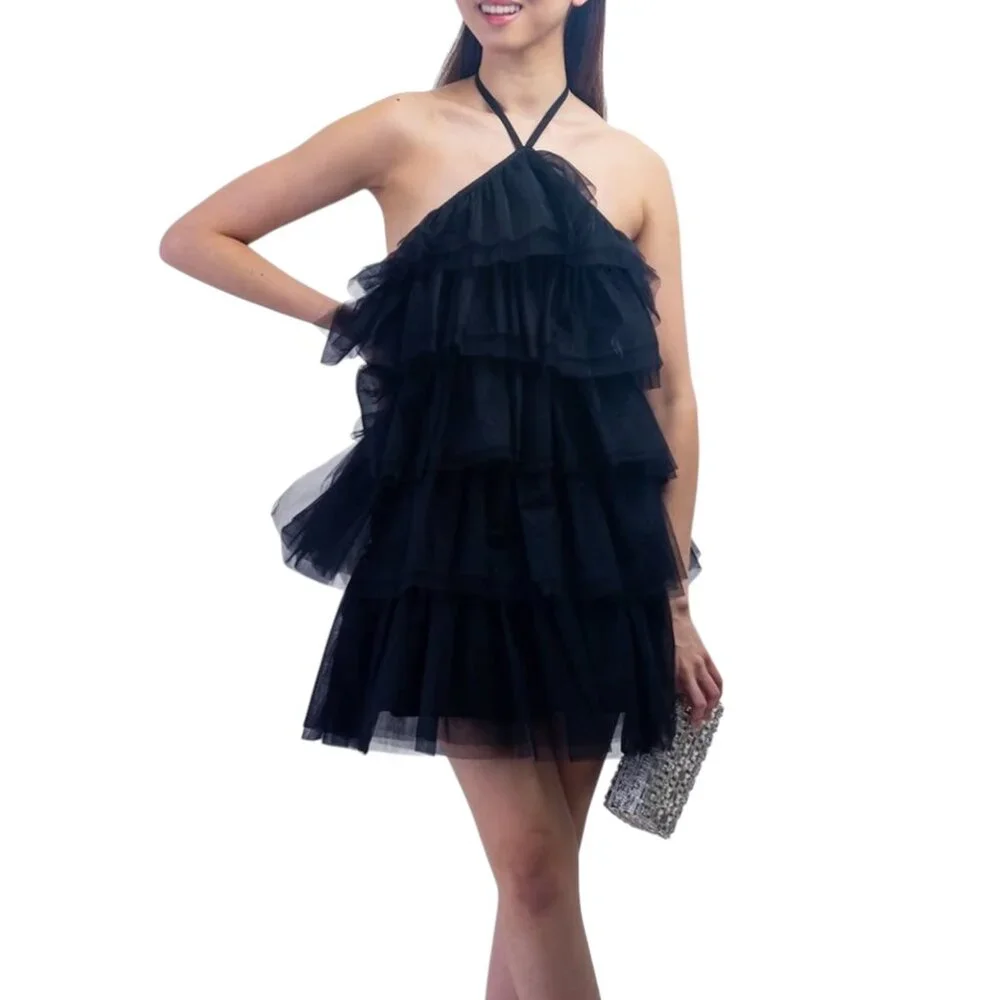 Altar'd State Tiered Tulle Halter Mini Dress, NWT, Black, S